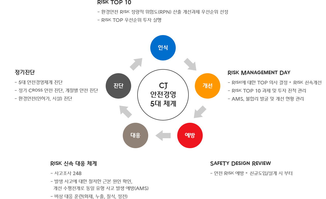 CJ 안전경영 5개 체계 : 진단 - 인식 - 개선 - 예방 - 대응
